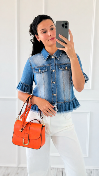 Ruffle Sleeve Raw Hem Denim Jacket