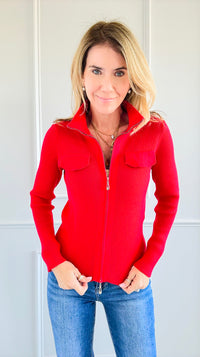 Bold Elegance Zip-Up Knit Top - Red-130 Long Sleeve Tops-Chasing Bandits-Coastal Bloom Boutique, find the trendiest versions of the popular styles and looks Located in Indialantic, FL