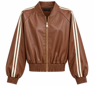 Trackside Chic Faux Leather Zip Bomber Jacket- Camel