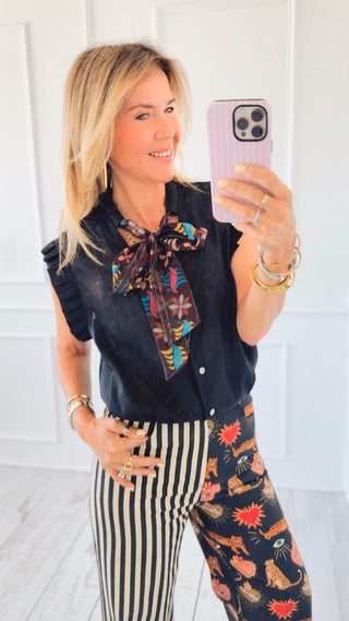 Floral Scarf Ruffle Sleeve Italian Top