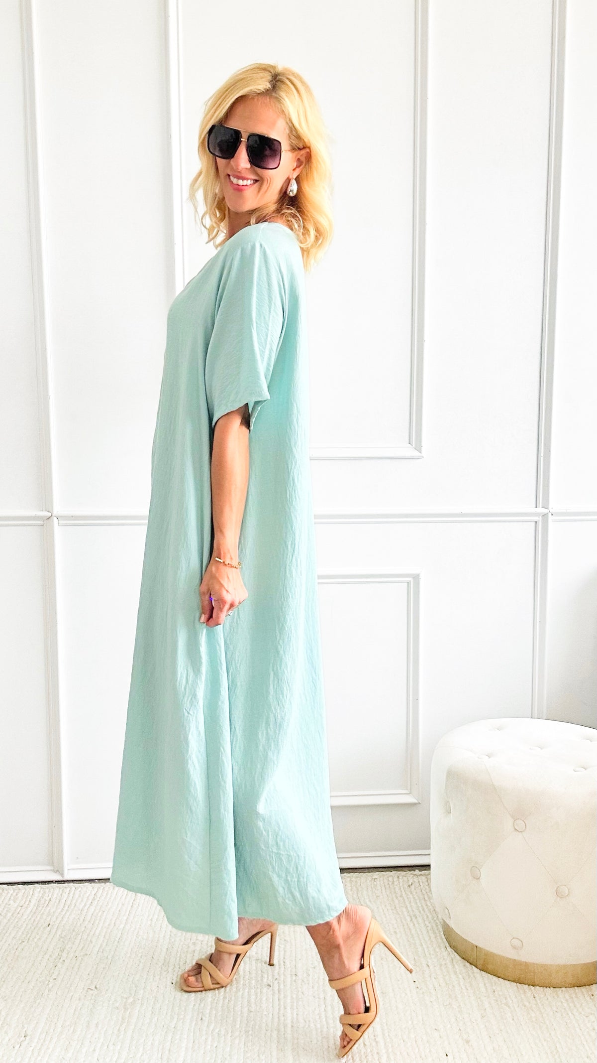 Linen Italian Dress W/Necklace - Sage-200 dresses/jumpsuits/rompers-Italianissimo-Coastal Bloom Boutique, find the trendiest versions of the popular styles and looks Located in Indialantic, FL