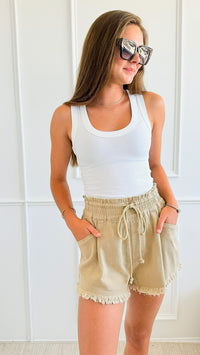 Stone Washed Waist Tie Shorts - Taupe-170 Bottoms/Shorts-ee:some-Coastal Bloom Boutique, find the trendiest versions of the popular styles and looks Located in Indialantic, FL