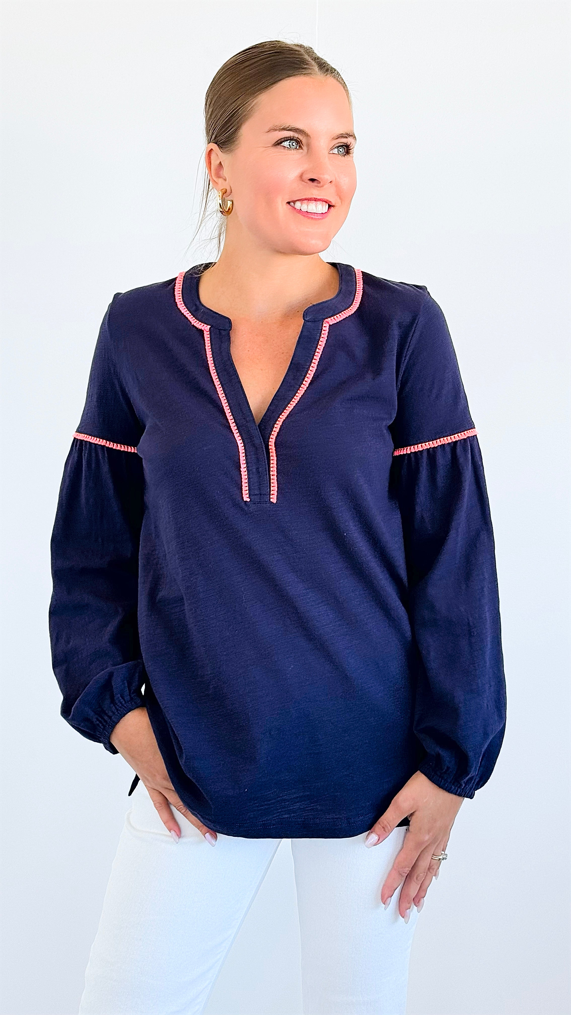 Tassel Contrast Cotton Tunic - Navy-130 Long Sleeve Tops-ARYEH-Coastal Bloom Boutique, find the trendiest versions of the popular styles and looks Located in Indialantic, FL