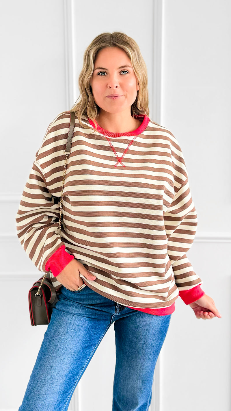 Sweet Latte Stripe Cuff Top-130 Long Sleeve Tops-Fate Inc-Coastal Bloom Boutique, find the trendiest versions of the popular styles and looks Located in Indialantic, FL