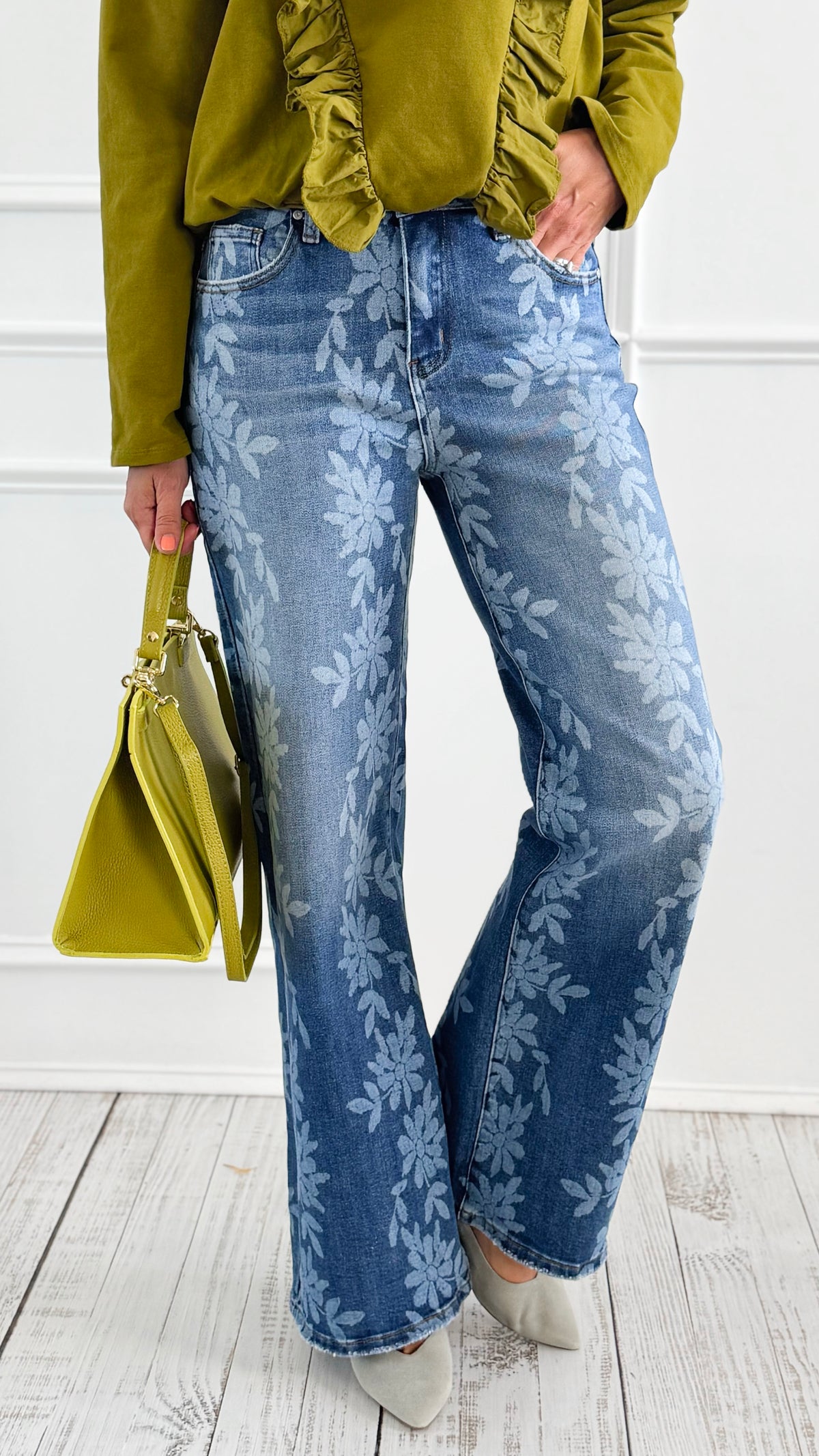 Floral Wide-Leg Denim Pants-170 Bottoms-Anniewear-Coastal Bloom Boutique, find the trendiest versions of the popular styles and looks Located in Indialantic, FL