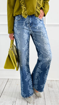 Floral Wide-Leg Denim Pants-170 Bottoms-Anniewear-Coastal Bloom Boutique, find the trendiest versions of the popular styles and looks Located in Indialantic, FL