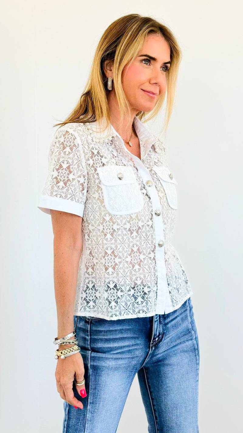 Embroidered Collar Lace Blouse - White-110 Short Sleeve Tops-LA' ROS-Coastal Bloom Boutique, find the trendiest versions of the popular styles and looks Located in Indialantic, FL