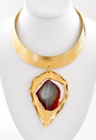 Natural Stone Leaf Choker Necklace - Red/Orange Agate