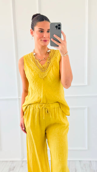 Shoreline Lace V- Neck Sleeveless Italian Linen Top