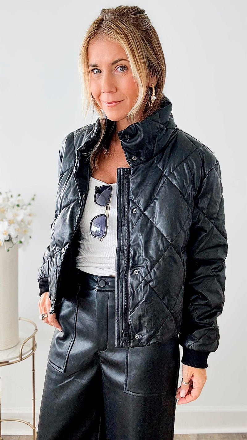 Faux Leather Quilted Puff Jacket-LOVE TREE-Coastal Bloom Boutique, find the trendiest versions of the popular styles and looks Located in Indialantic, FL
