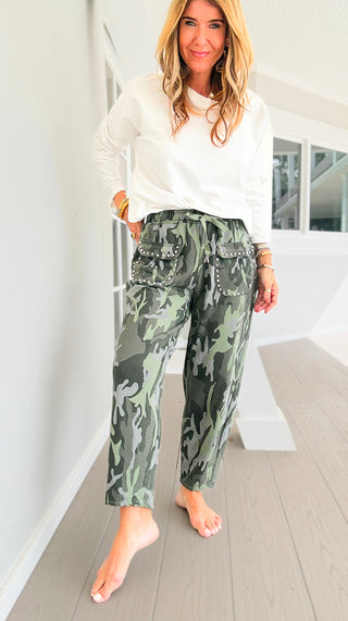 Camo Studded Pocket Italian Jogger Pant - Olive