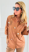 Rhinestone Embroidered Blouse - Camel-130 Long Sleeve Tops-PASTEL DESIGN-Coastal Bloom Boutique, find the trendiest versions of the popular styles and looks Located in Indialantic, FL