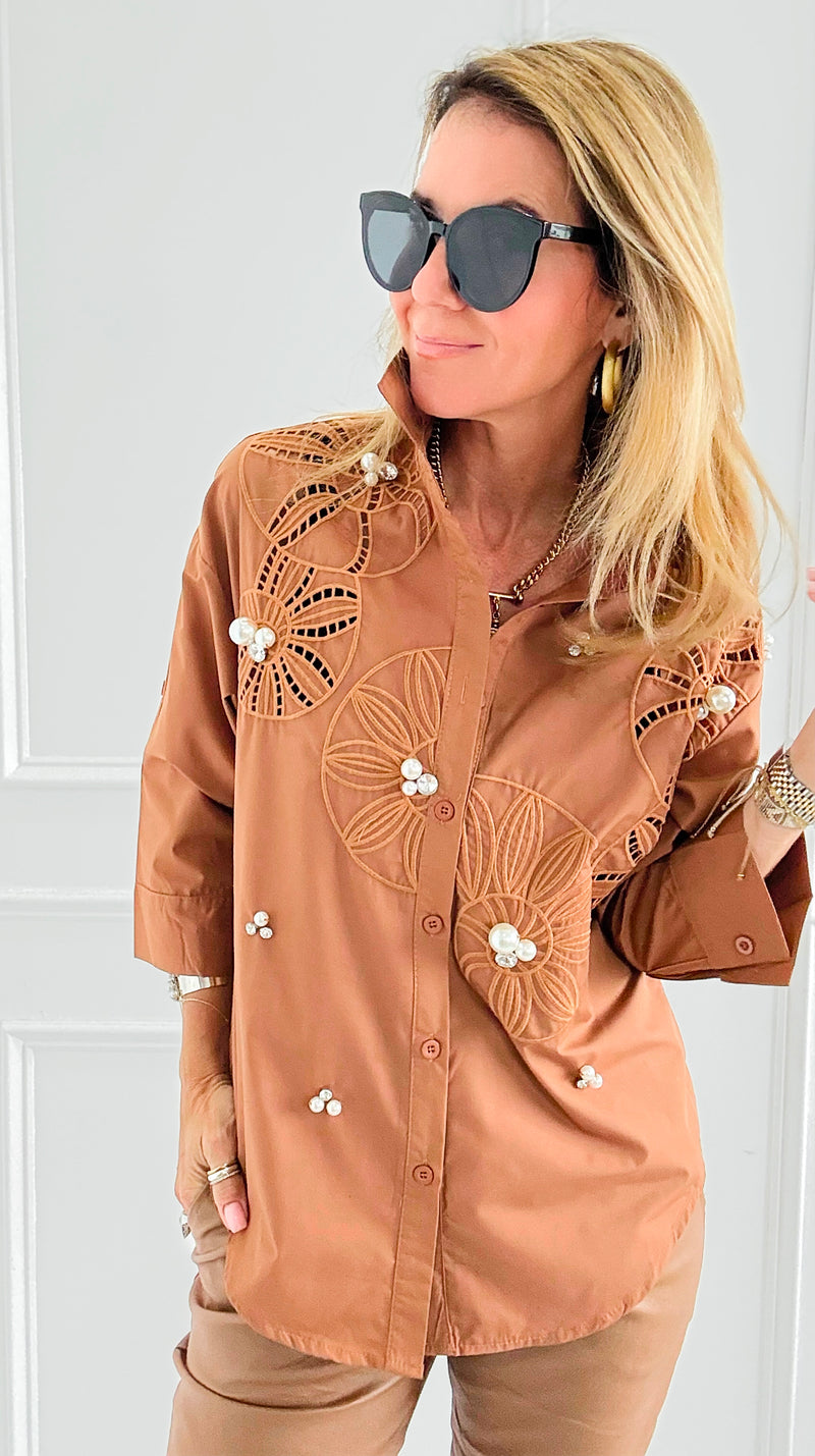 Rhinestone Embroidered Blouse - Camel-130 Long Sleeve Tops-PASTEL DESIGN-Coastal Bloom Boutique, find the trendiest versions of the popular styles and looks Located in Indialantic, FL