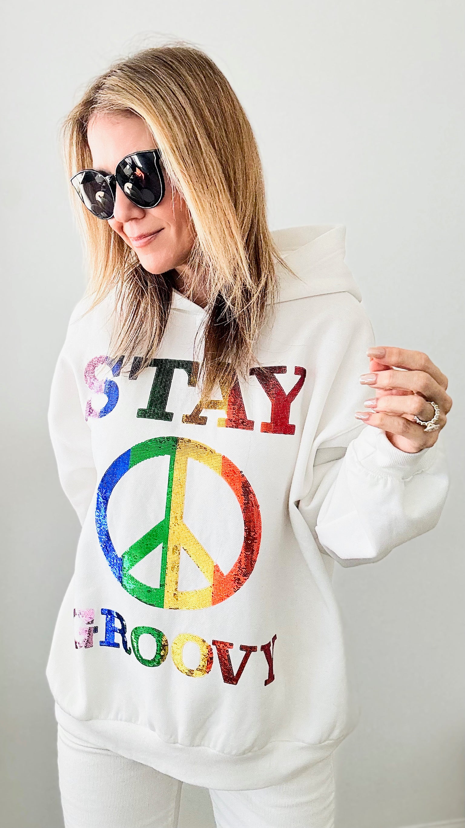 Stay Groovy Hoodie - White-150 Cardigans/Layers-Rousseau-Coastal Bloom Boutique, find the trendiest versions of the popular styles and looks Located in Indialantic, FL