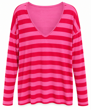 Weekend Stripe V-Neck Italian Top- Pink/Red