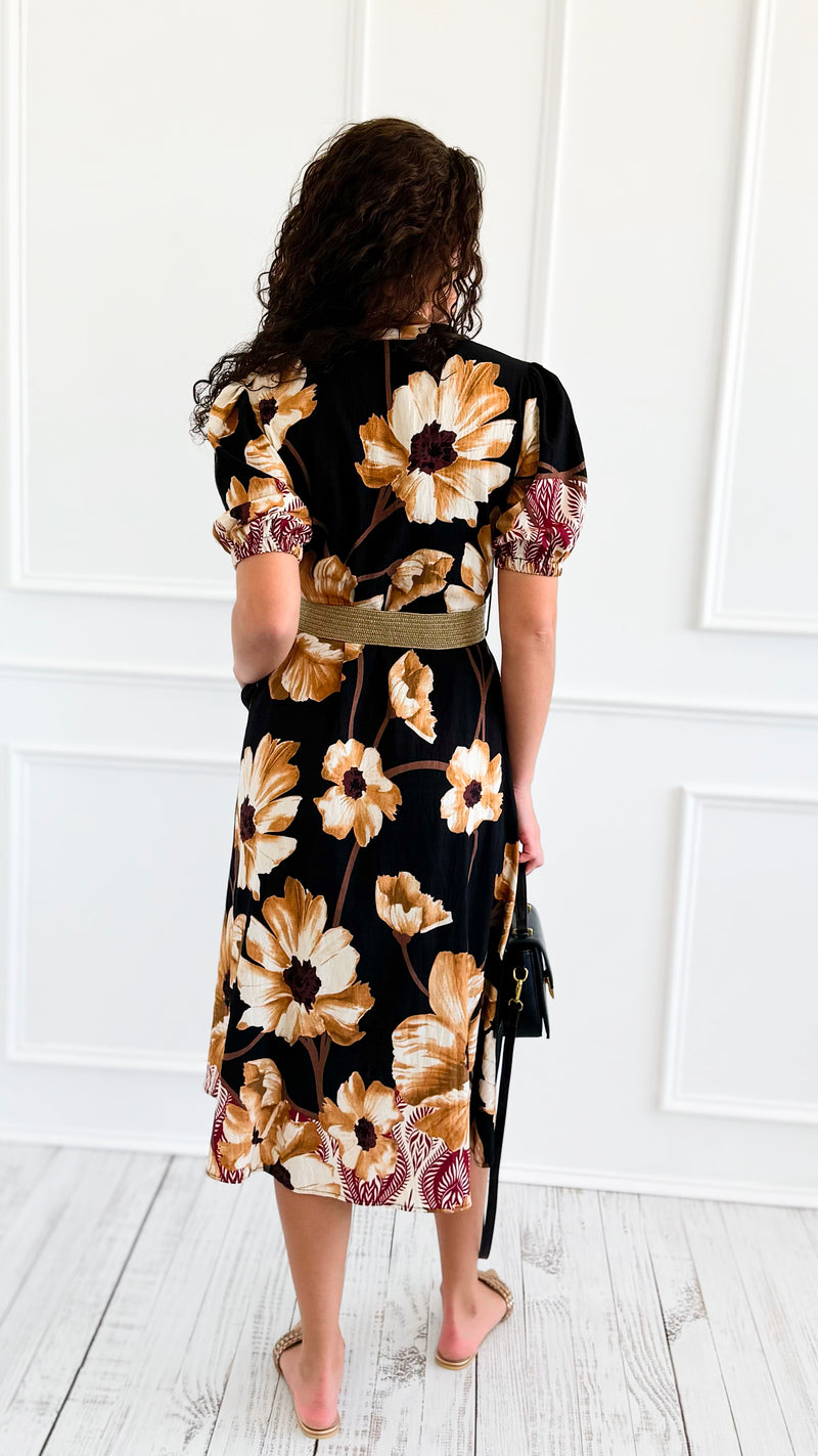 Capri Blossom Belted Italian Midi Dress-200 Dresses/Jumpsuits/Rompers-AZUL MONACO-Coastal Bloom Boutique, find the trendiest versions of the popular styles and looks Located in Indialantic, FL