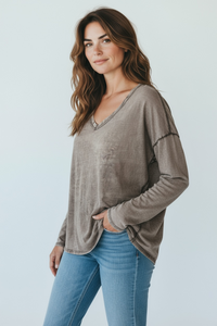Italian Mineral Wash V-Neck Top-Taupe-110 Long Sleeve Tops-FATTURA ACCOMPAGNATORIA-Coastal Bloom Boutique, find the trendiest versions of the popular styles and looks Located in Indialantic, FL