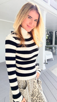 Long Sleeve Ribbed Stripe Sweater - Ivory/Black-140 Sweaters-Active Basic-Coastal Bloom Boutique, find the trendiest versions of the popular styles and looks Located in Indialantic, FL