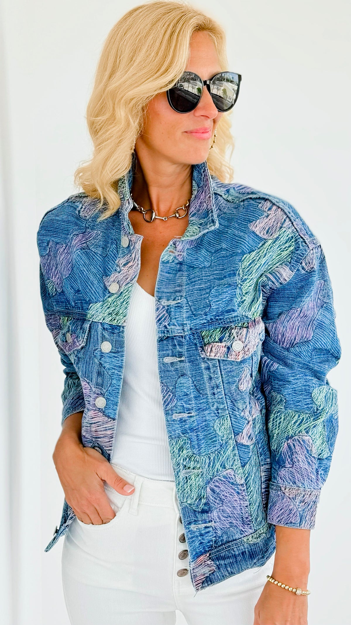 Scribble Printed Denim Jacket-Multicolor-160 Jackets-Rousseau-Coastal Bloom Boutique, find the trendiest versions of the popular styles and looks Located in Indialantic, FL