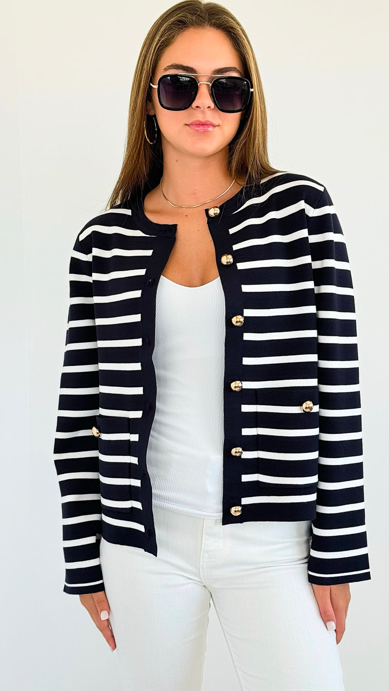 Striped Gold Button Cardigan-150 Cardigans/Layers-See and Be Seen-Coastal Bloom Boutique, find the trendiest versions of the popular styles and looks Located in Indialantic, FL