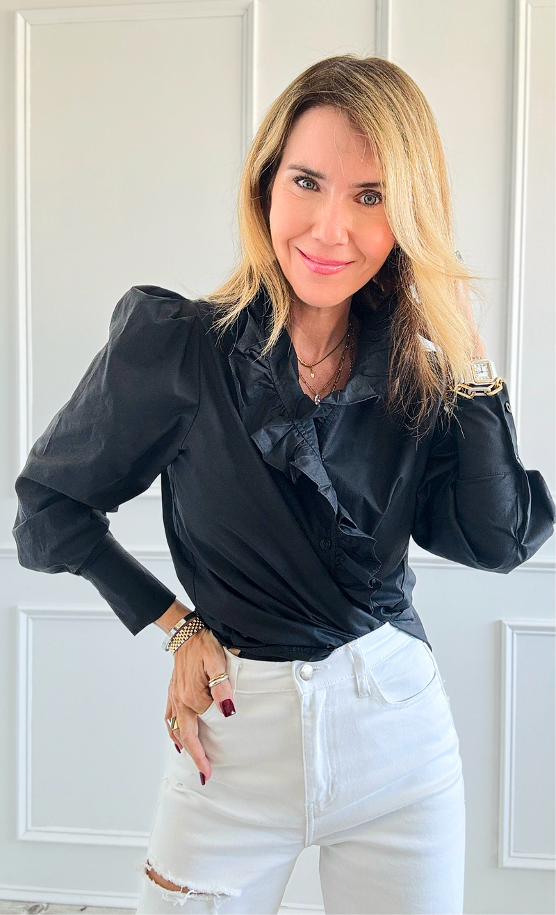 Ruffled Collar Button-Down Blouse- Black-130 Long Sleeve Tops-Cezele-Coastal Bloom Boutique, find the trendiest versions of the popular styles and looks Located in Indialantic, FL