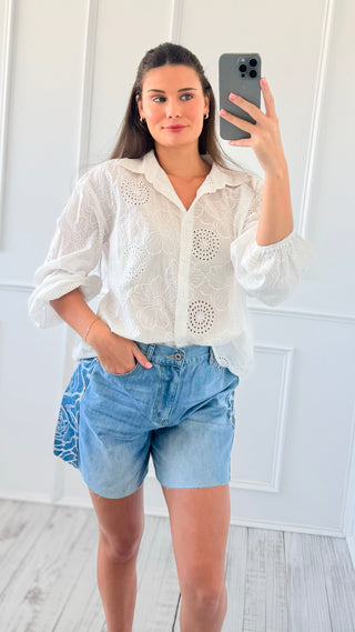 Bloomed Eyelet Button Down Top
