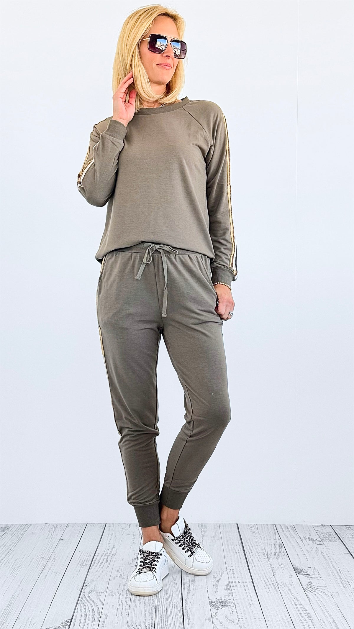 Glitter Trim Cozy Joggers - Olive-170 Bottoms-mystree-Coastal Bloom Boutique, find the trendiest versions of the popular styles and looks Located in Indialantic, FL