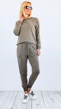 Glitter Trim Cozy Joggers - Olive-170 Bottoms-mystree-Coastal Bloom Boutique, find the trendiest versions of the popular styles and looks Located in Indialantic, FL