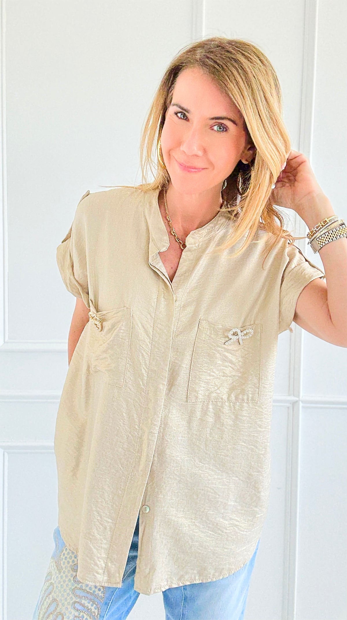 Golden Charm Italian Button Top-170 Bottoms-SEÑORITA C-Coastal Bloom Boutique, find the trendiest versions of the popular styles and looks Located in Indialantic, FL