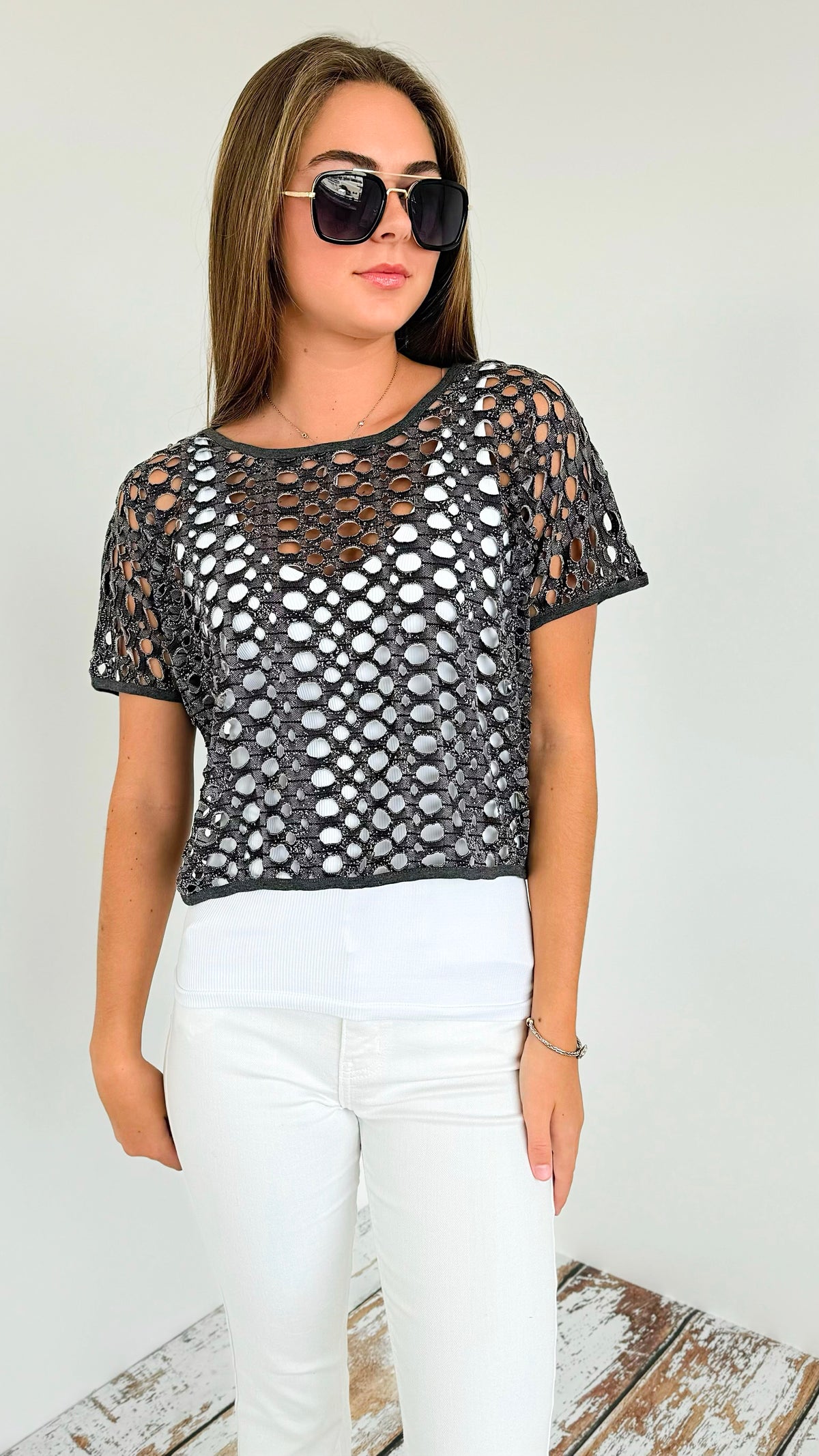 Crochet Mesh Top-110 Short Sleeve Tops-YELETE-Coastal Bloom Boutique, find the trendiest versions of the popular styles and looks Located in Indialantic, FL