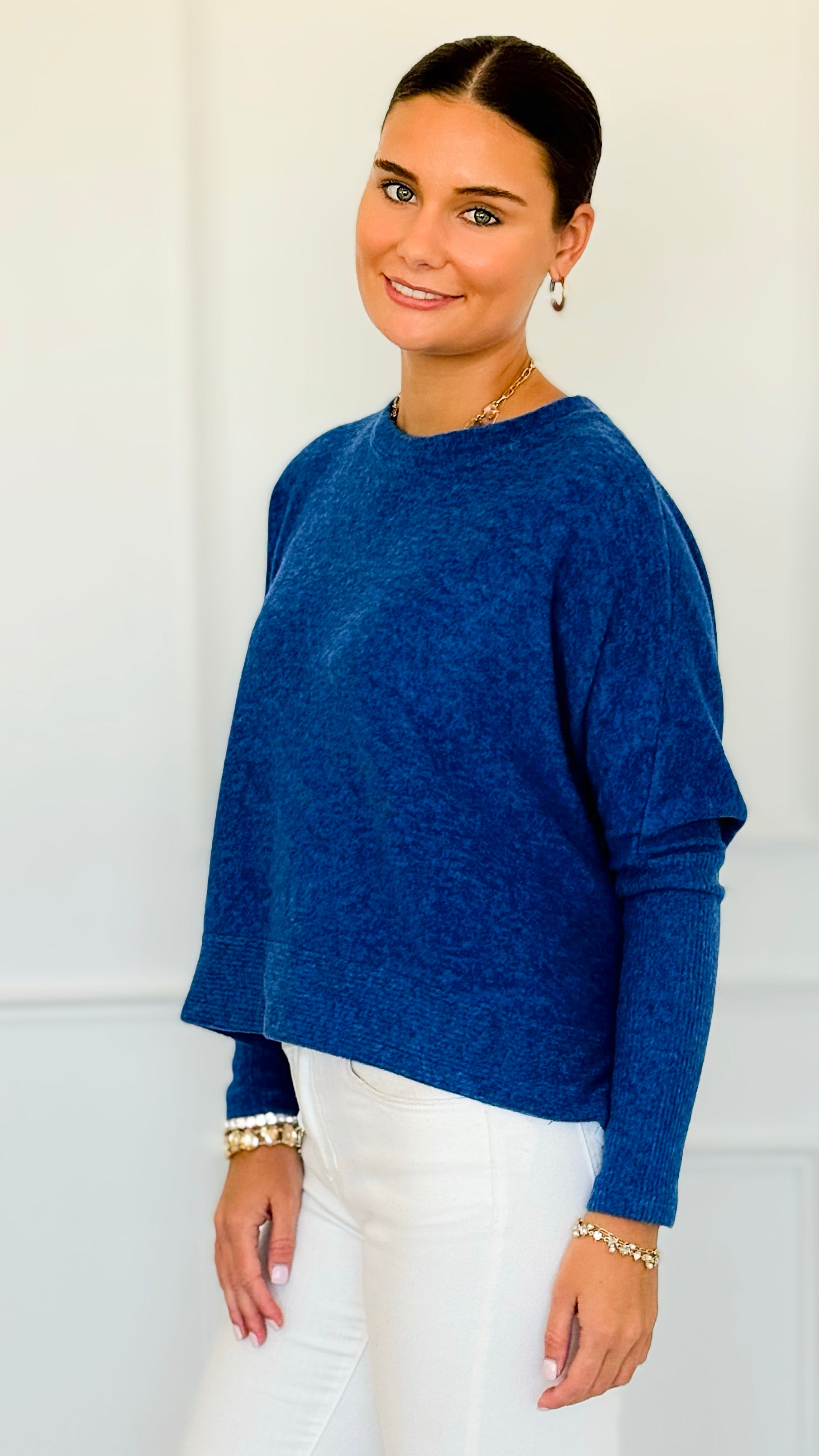 Brushed Melange Sweater - Light Navy-140 Sweaters-Zenana-Coastal Bloom Boutique, find the trendiest versions of the popular styles and looks Located in Indialantic, FL