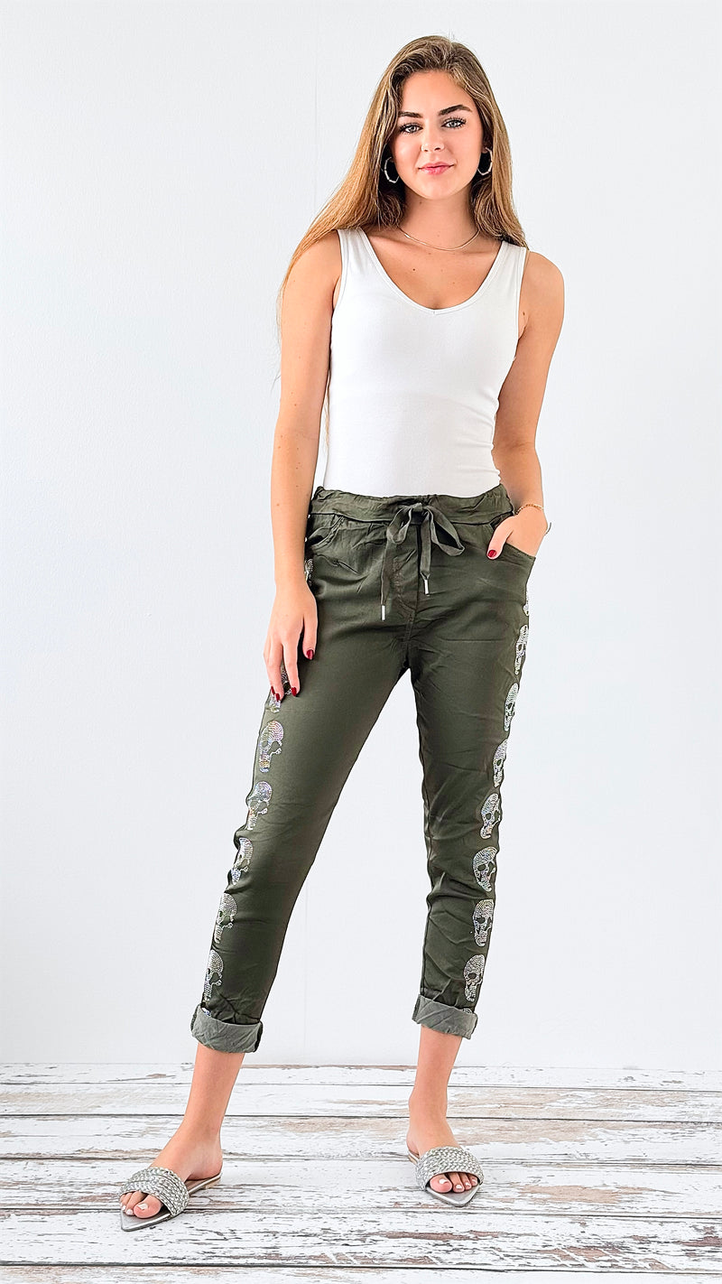 Skull Wish List Italian Joggers- Olive-pants-Italianissimo-Coastal Bloom Boutique, find the trendiest versions of the popular styles and looks Located in Indialantic, FL