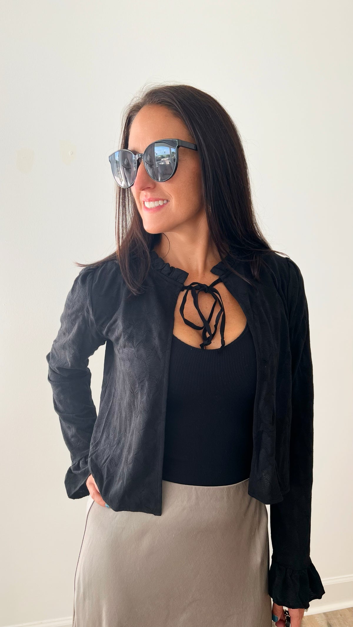 Jacquard Ruffle Tie Cardigan - Black-150 Cardigans/Layers-Gigio-Coastal Bloom Boutique, find the trendiest versions of the popular styles and looks Located in Indialantic, FL
