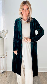 Velvet Duster Coat - Hunter Green-160 Jackets-skies are blue-Coastal Bloom Boutique, find the trendiest versions of the popular styles and looks Located in Indialantic, FL