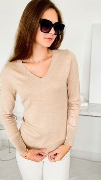 Melissa V Neck Sweater - Khaki-130 Long Sleeve Tops-Cielo-Coastal Bloom Boutique, find the trendiest versions of the popular styles and looks Located in Indialantic, FL