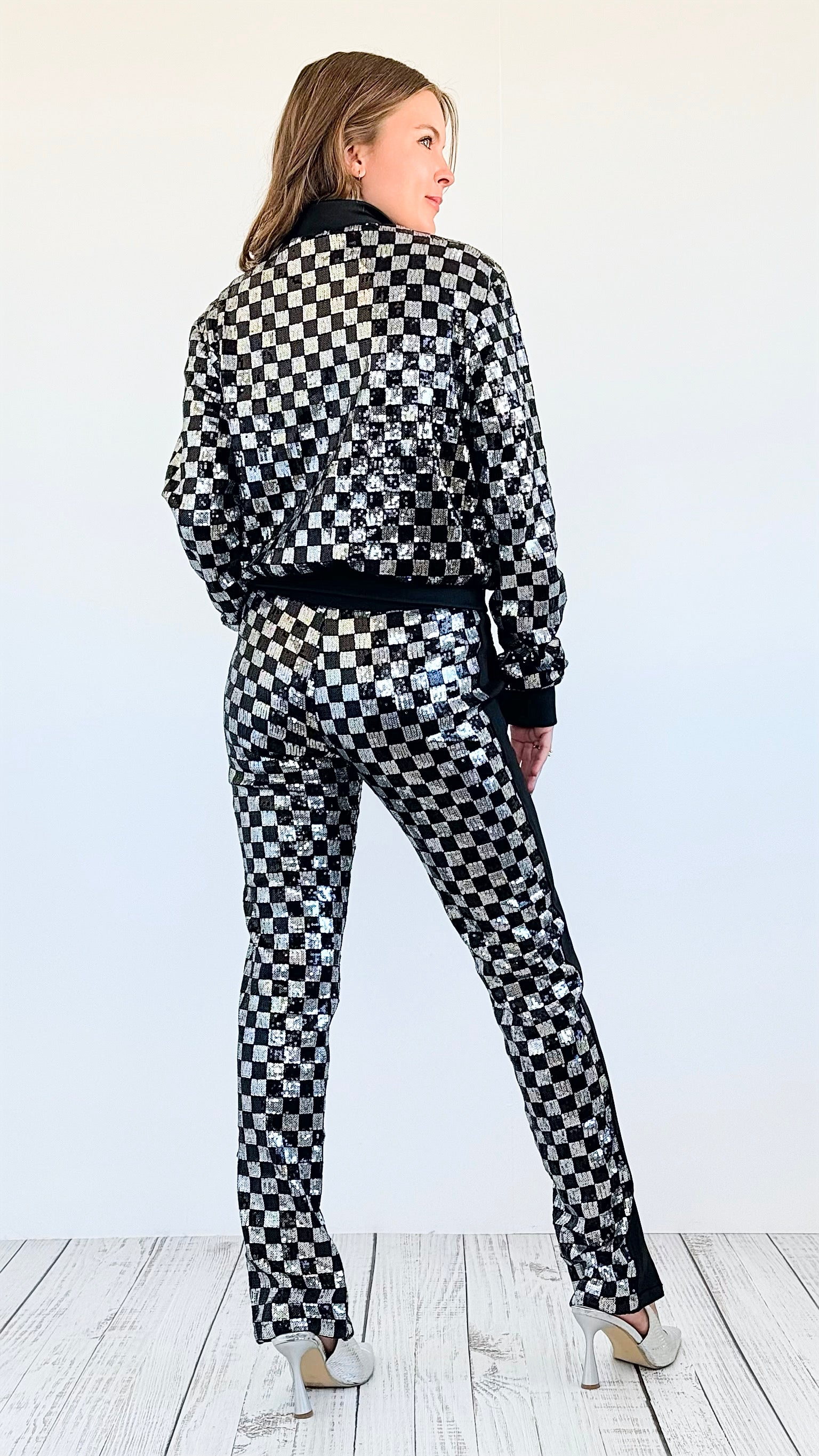 Checkered Sequin Jacket and Pants Set -Silver-210 Loungewear/Sets-Rousseau-Coastal Bloom Boutique, find the trendiest versions of the popular styles and looks Located in Indialantic, FL