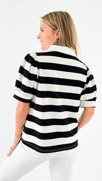 Striped Puff Sleeve Polo Top-110 Short Sleeve Tops-Jodifl-Coastal Bloom Boutique, find the trendiest versions of the popular styles and looks Located in Indialantic, FL