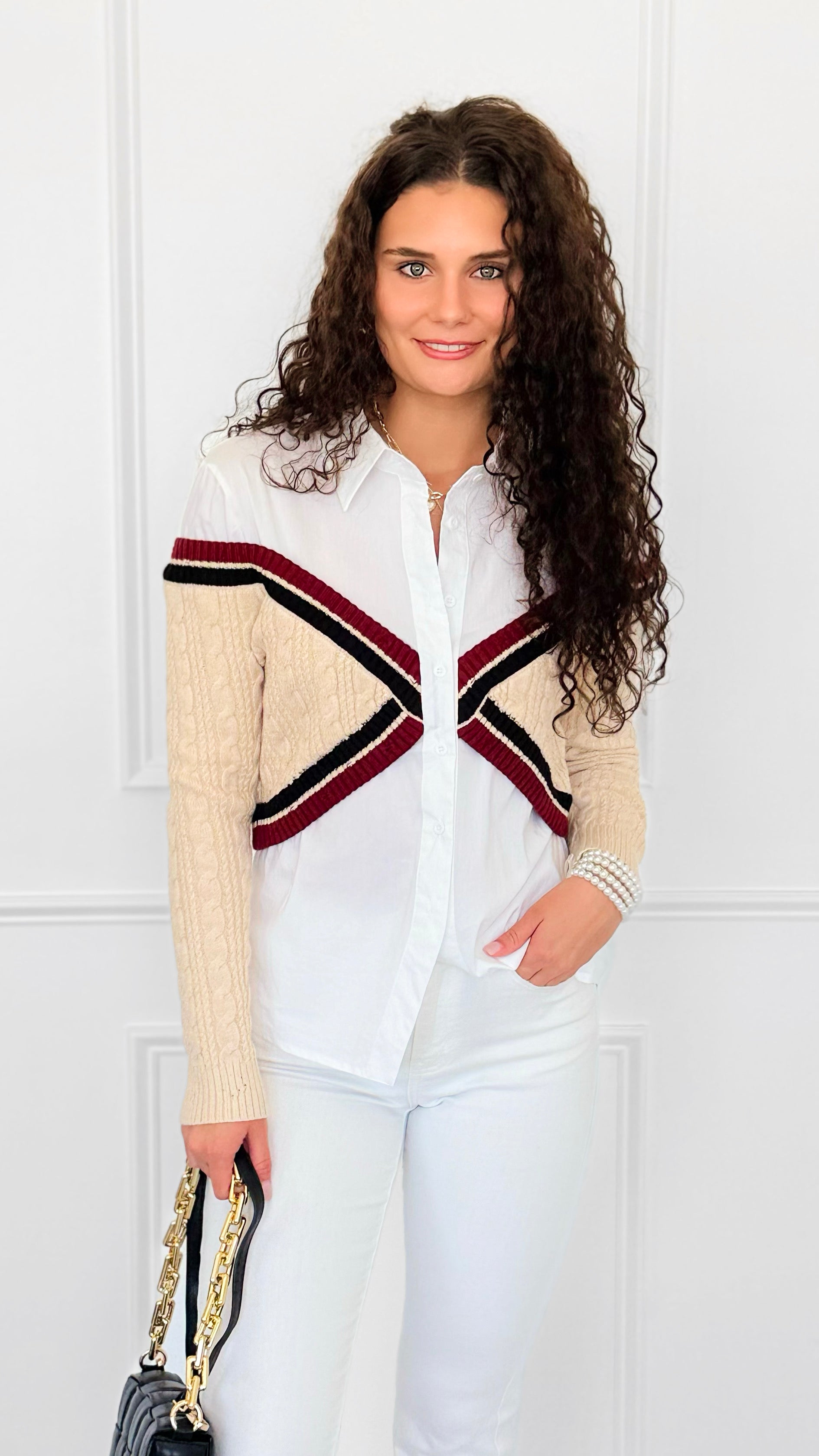Varsity Remix Cable Knit Top-130 Long Sleeve Tops-LA' ROS-Coastal Bloom Boutique, find the trendiest versions of the popular styles and looks Located in Indialantic, FL