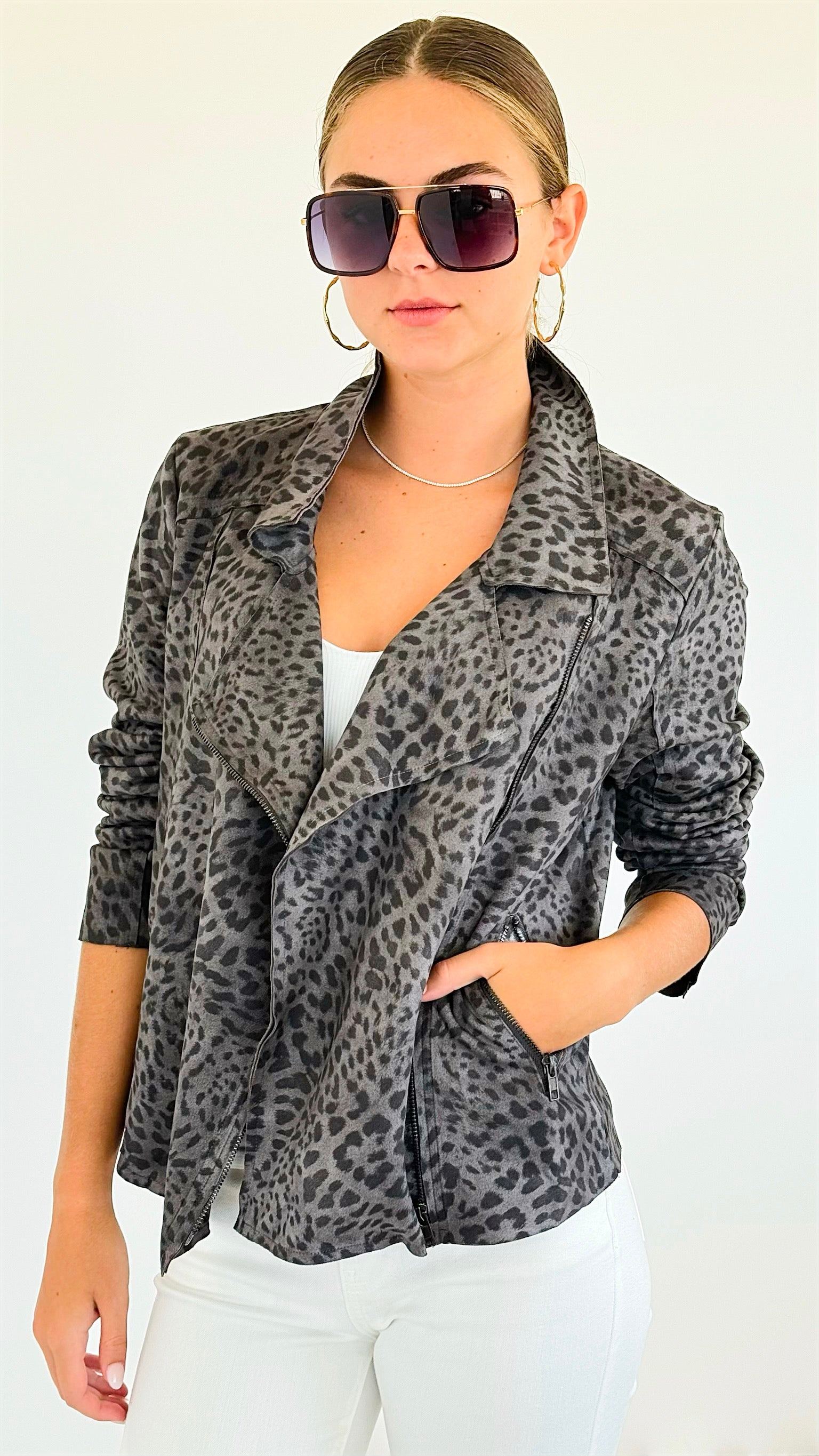 Spotted Vegan Suede Rider Jacket - Charcoal-160 Jackets-oddi-Coastal Bloom Boutique, find the trendiest versions of the popular styles and looks Located in Indialantic, FL