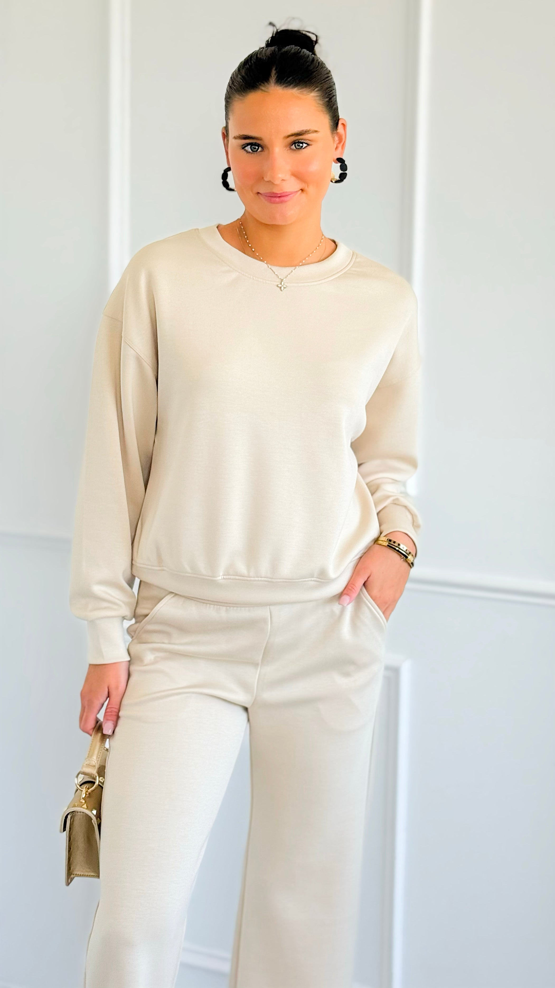 Weekender Ease Scuba 2pc Pant Set - Oatmeal-210 Loungewear/Sets-YELETE-Coastal Bloom Boutique, find the trendiest versions of the popular styles and looks Located in Indialantic, FL