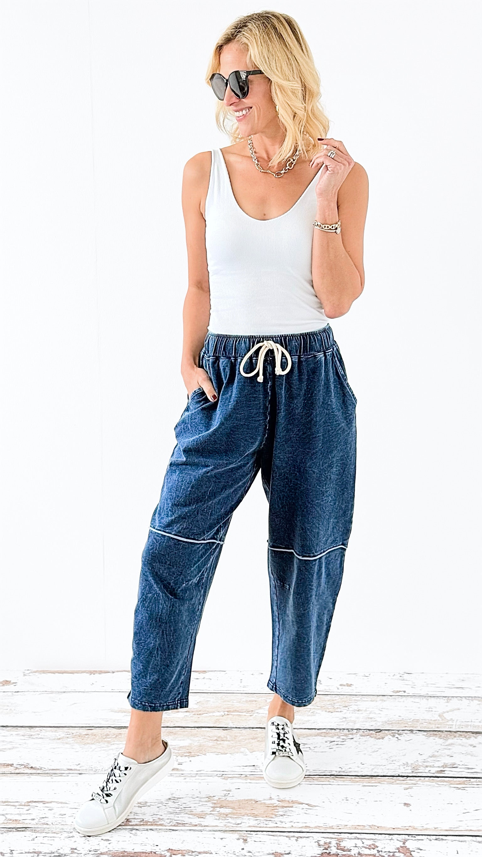 Drawstring Relaxed Denim Joggers-180 Joggers-Mono B-Coastal Bloom Boutique, find the trendiest versions of the popular styles and looks Located in Indialantic, FL