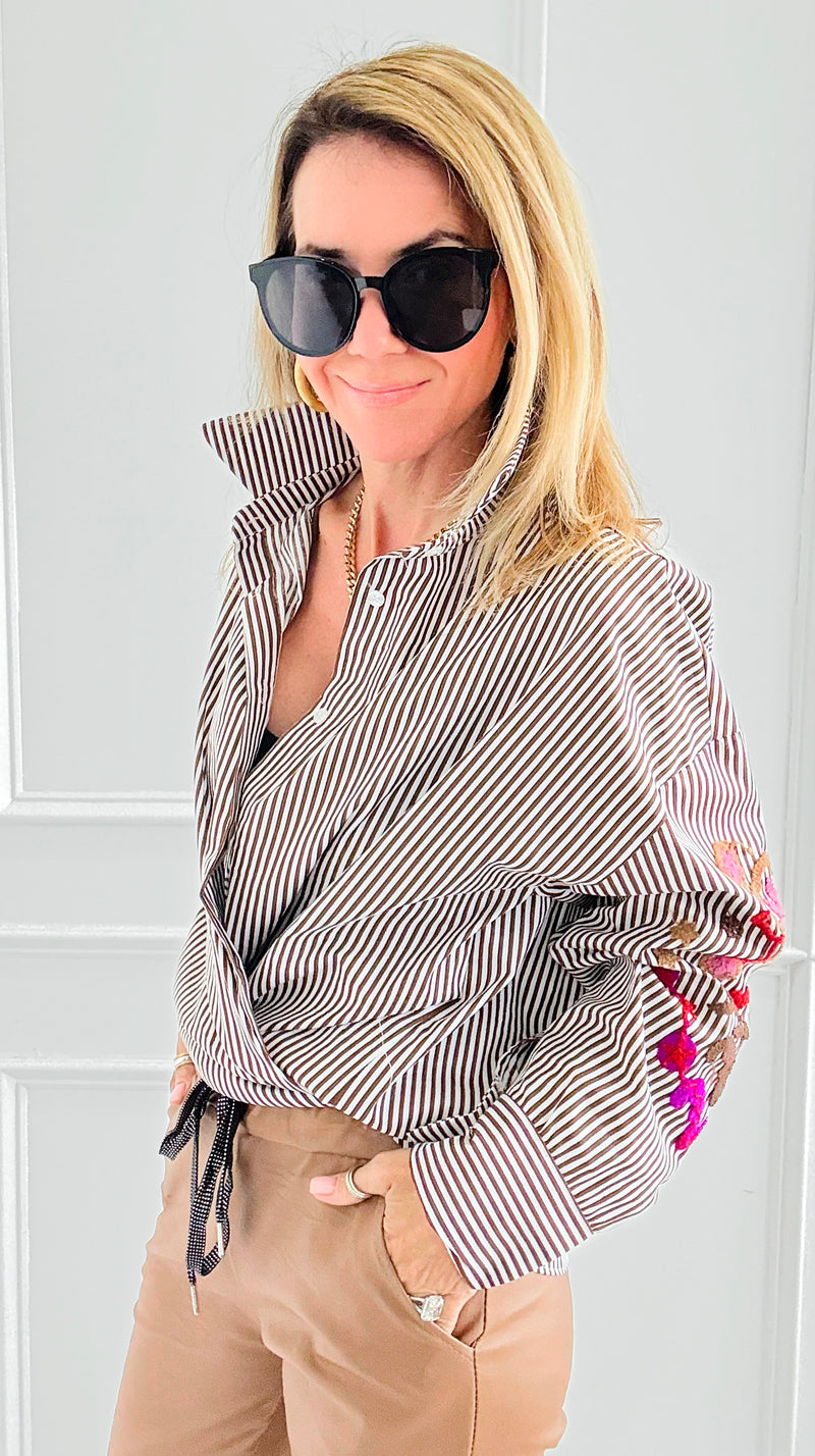 Striped & Bloom Embroidery Sleeve Italian Blouse-110 Long Sleeve Tops-TATTOO Z-Coastal Bloom Boutique, find the trendiest versions of the popular styles and looks Located in Indialantic, FL