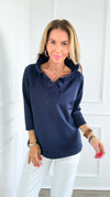 3/4 Sleeves Ruffled Neck Blouse - Navy-130 Long Sleeve Tops-Gretchen Scott-Coastal Bloom Boutique, find the trendiest versions of the popular styles and looks Located in Indialantic, FL