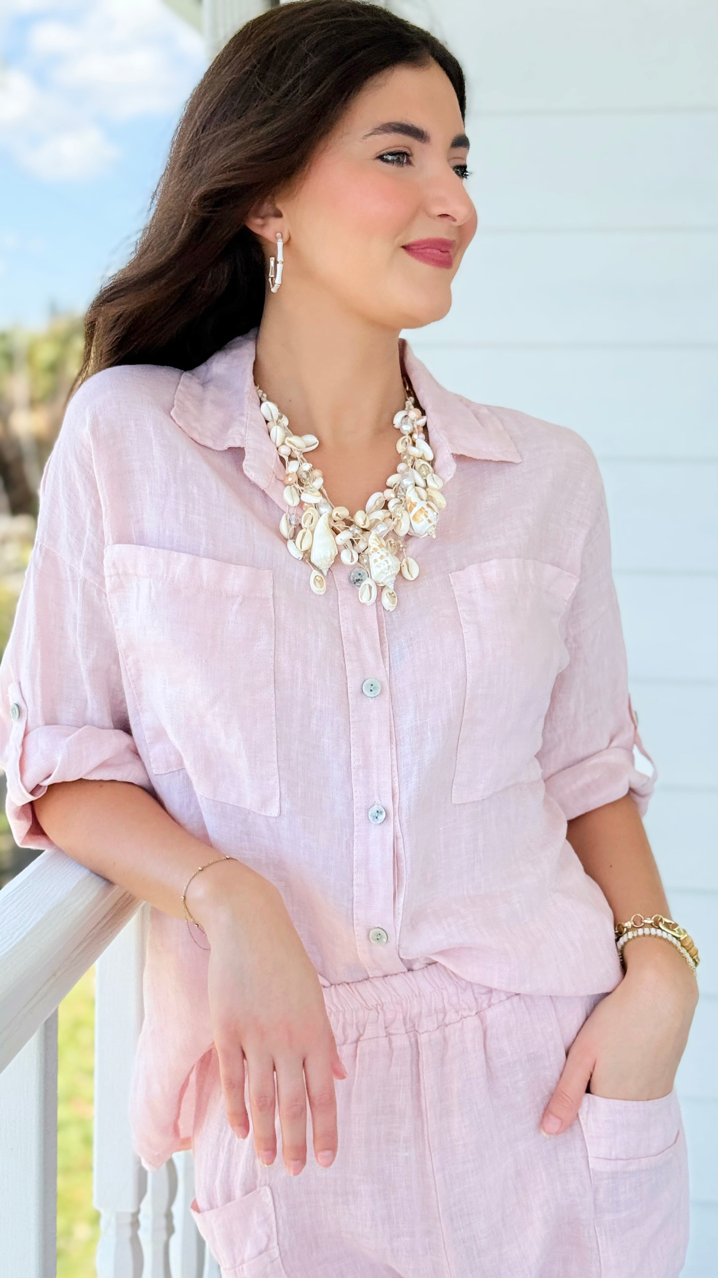 Riviera Days Linen Italian Button Top- Blush