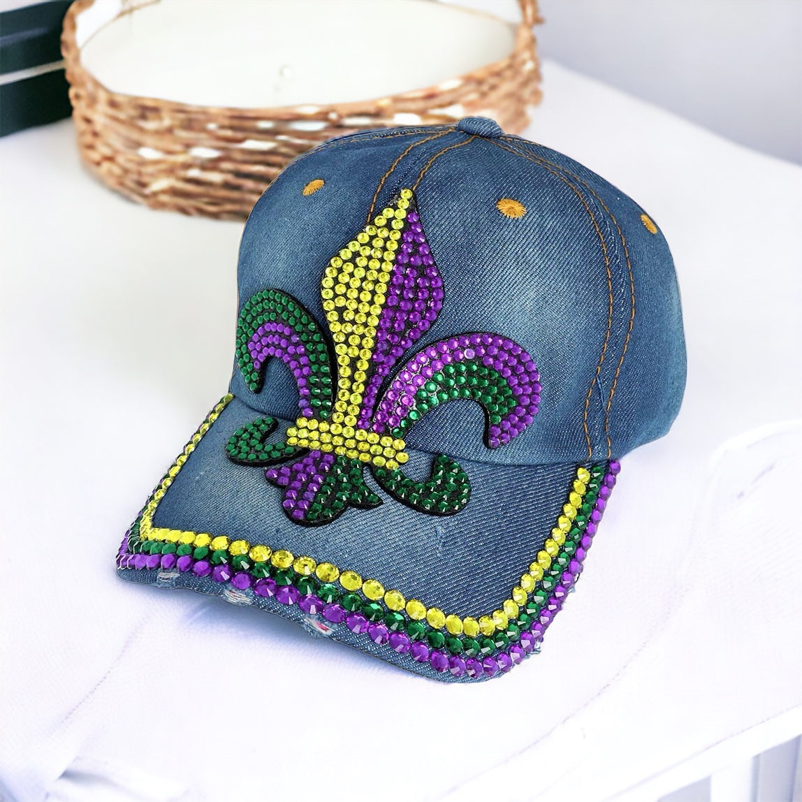 Fleur de Lis Bling Studded Baseball Cap - Denim-260 Other Accessories-Wona Trading-Coastal Bloom Boutique, find the trendiest versions of the popular styles and looks Located in Indialantic, FL