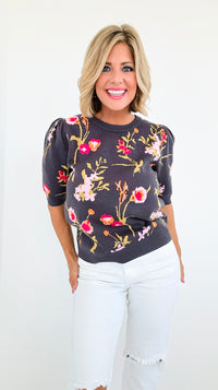 Floral Knit Short Puff Sleeves Sweater-140 Sweaters-Fate By LFD-Coastal Bloom Boutique, find the trendiest versions of the popular styles and looks Located in Indialantic, FL