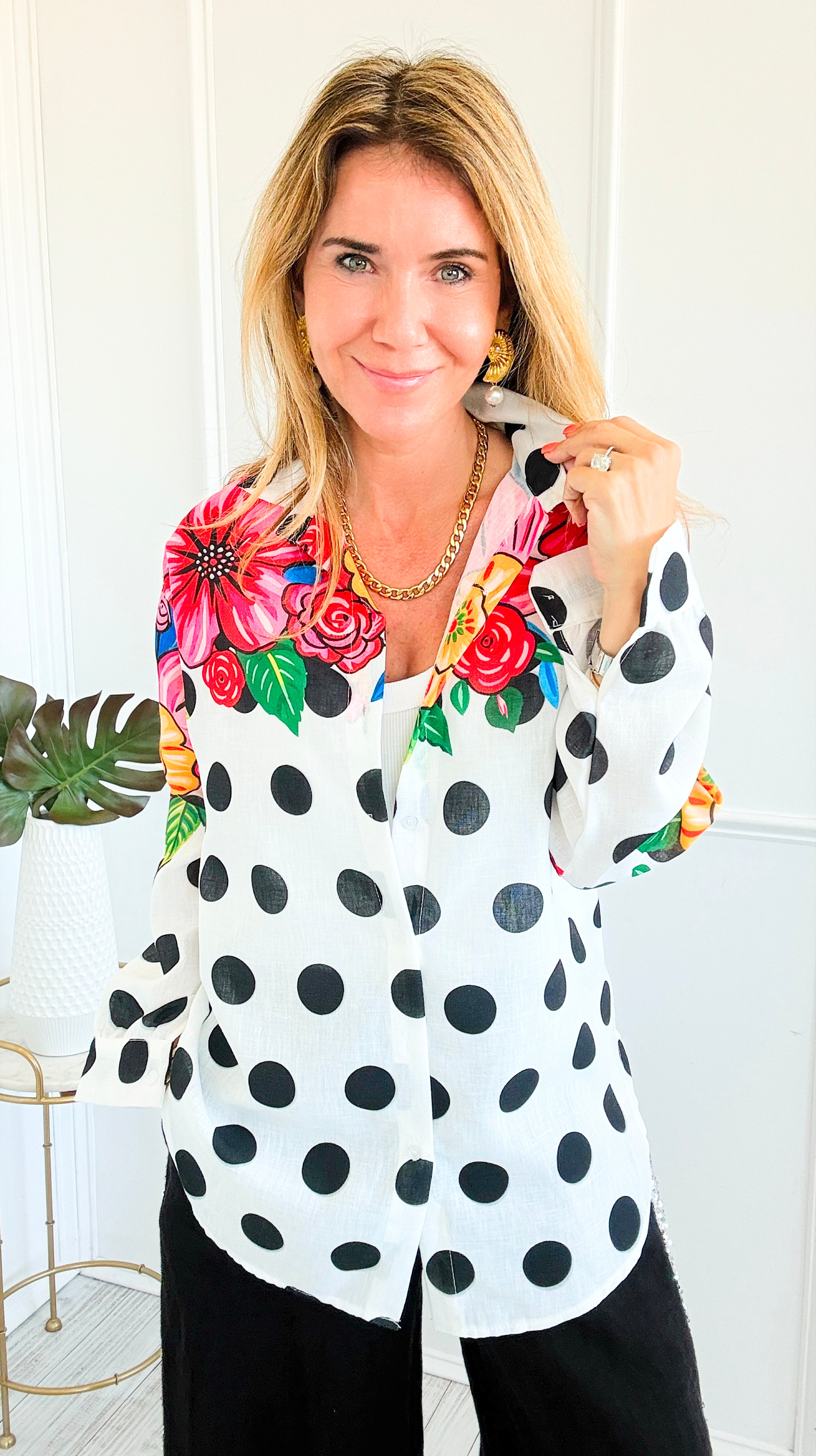 Dots & Blossom Italian Button Down Top