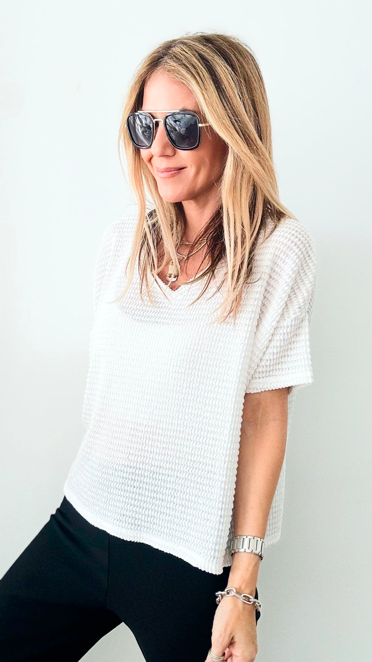 Drop Shoulder Waffle Knit Sweater - Off White-110 Short Sleeve Tops-Zenana-Coastal Bloom Boutique, find the trendiest versions of the popular styles and looks Located in Indialantic, FL