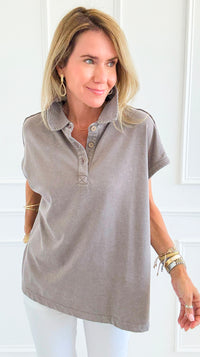 Washed Relax Polo Top - Mocha-110 Short Sleeve Tops-Rae Mode-Coastal Bloom Boutique, find the trendiest versions of the popular styles and looks Located in Indialantic, FL