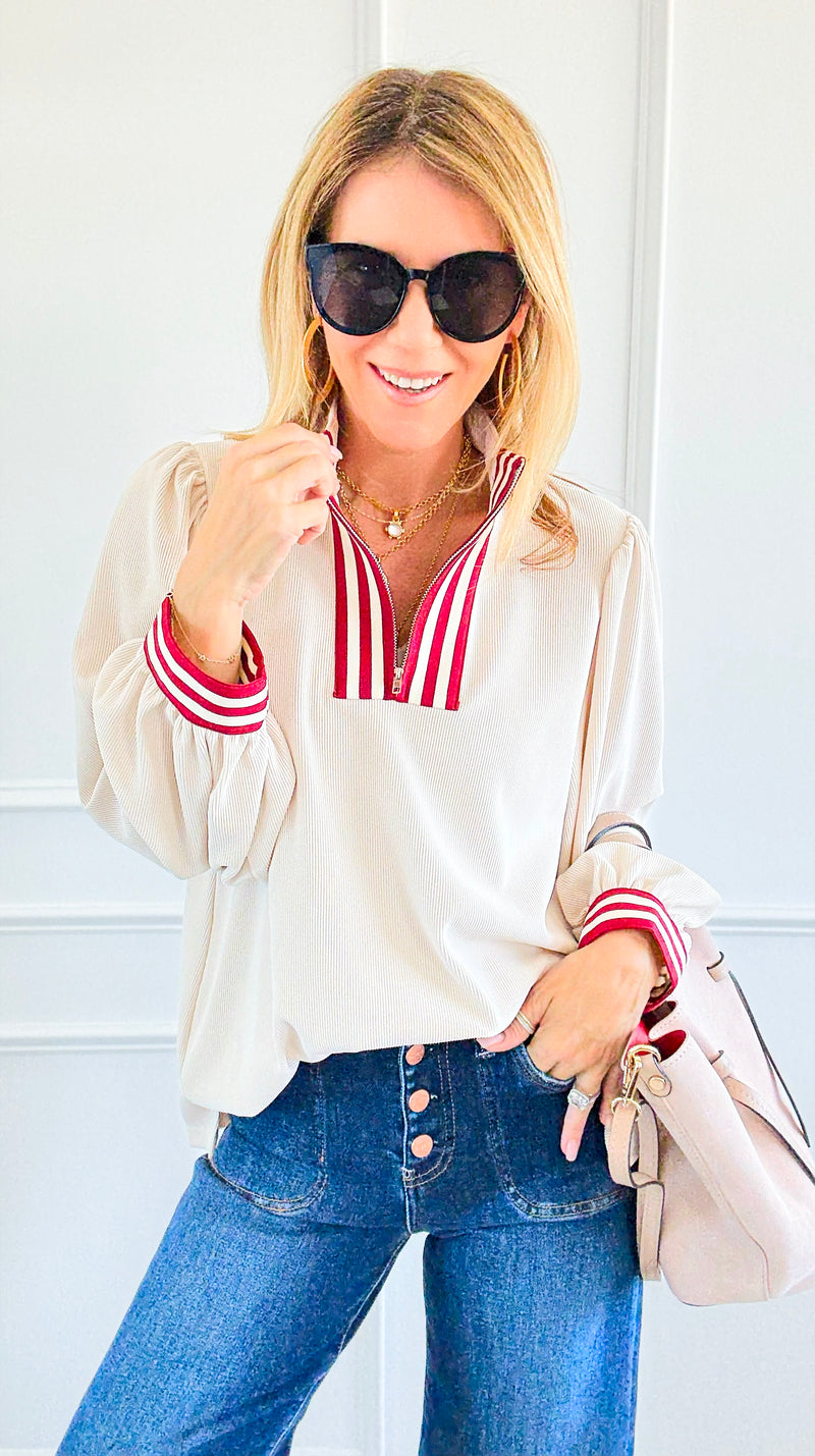 Crimson Trim Statement Top-110 Long Sleeve Tops-JODIFL-Coastal Bloom Boutique, find the trendiest versions of the popular styles and looks Located in Indialantic, FL